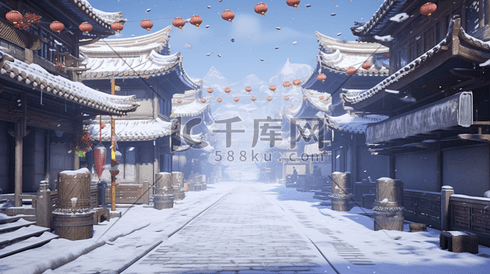 中国风古建筑大街冬季雪景插图4