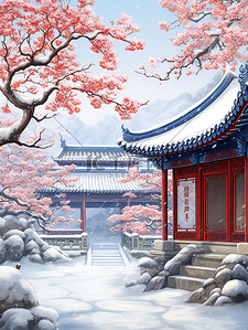 中国古建筑红墙青瓦雪景8