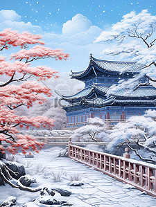 雪景红墙插画图片_中国古建筑红墙青瓦雪景15