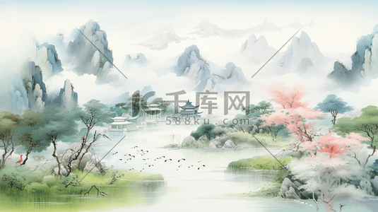 古典水墨山水插画图片_中国古典唯美山水风景插画46