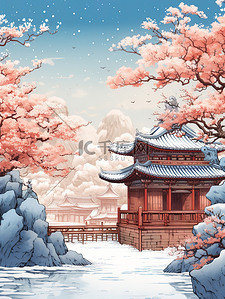 雪景红墙插画图片_中国古建筑红墙青瓦雪景13