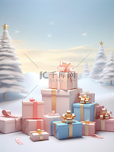 雪花装饰插画图片_圣诞树雪和礼物节日装饰4