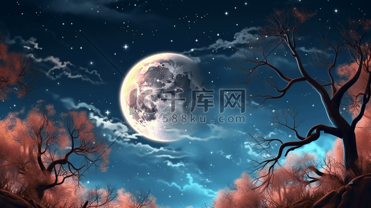 森林中的圆月星空中秋节插画13