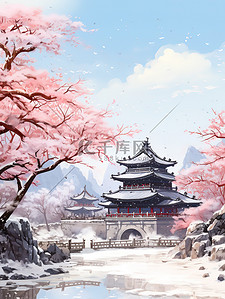 雪景红墙插画图片_中国古建筑红墙青瓦雪景5