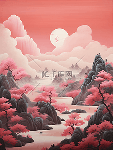 中国风山水红色插画图片_红色中国风山水风景插画8