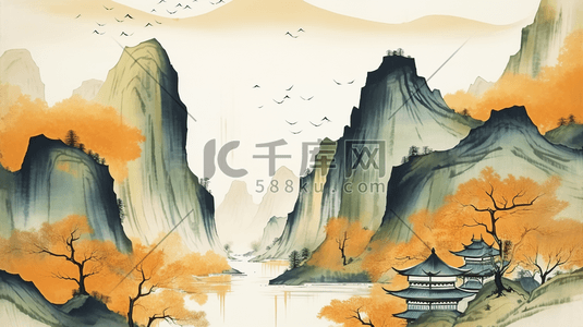 中国风橘色插画图片_黄色中国风山水风景插画12