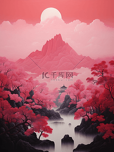 红色中国风山水风景插画10