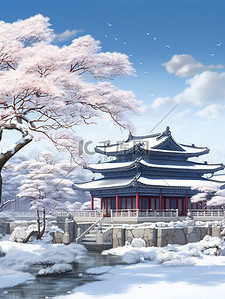 中国古建筑红墙青瓦雪景9