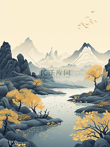 黄色中国风山水风景插画27