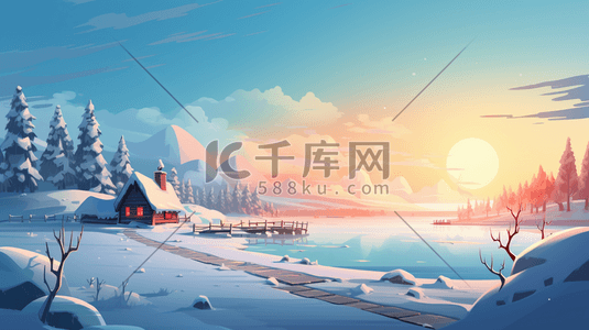 小雪寒冷冬天插画图片_手绘唯美冬天雪山河流雪景插画2