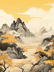 中国风橘色插画图片_黄色中国风山水风景插画36