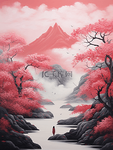 红色中国风山水风景插画2