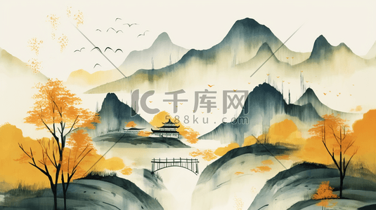 黄色中国风山水风景插画11