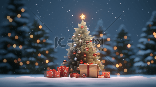 圣诞树梦幻雪花插画图片_圣诞节梦幻圣诞树冬季雪景插画20
