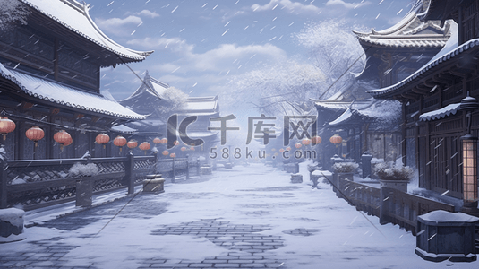 冬季雪花插画图片_中国风古建筑大街冬季雪景插图6