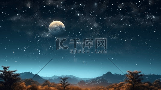 中秋节的夜空插画图片_森林中的圆月星空中秋节插画6