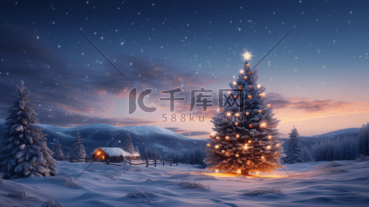 圣诞节平安夜雪景圣诞树插画18