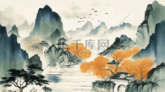 中国风橘色插画图片_黄色中国风山水风景插画35