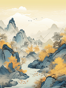 黄色中国风山水风景插画30