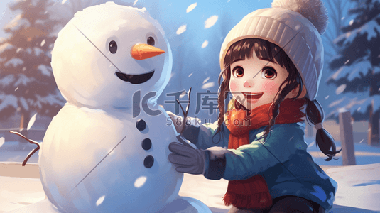 快乐小朋友插画图片_雪地里堆雪人的小朋友冬季雪景插画1