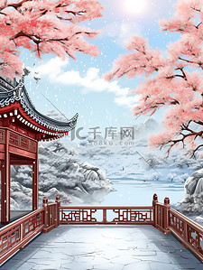 雪景红墙插画图片_中国古建筑红墙青瓦雪景7