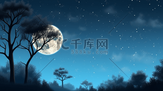 中秋节的夜空插画图片_森林中的圆月星空中秋节插画15