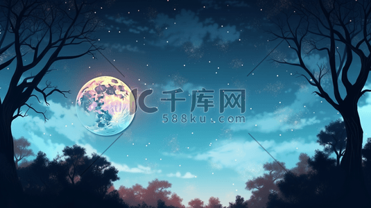 中秋节的夜空插画图片_森林中的圆月星空中秋节插画11