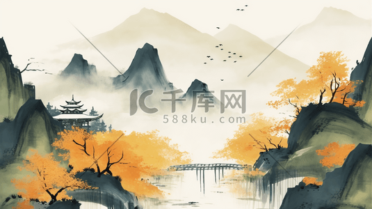 中国风秋天风景插画图片_黄色中国风山水风景插画1