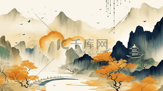 黄色中国风山水风景插画20