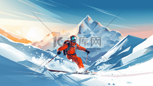 冰雪运动手绘插画图片_现代感冬季登山滑雪动漫插画3