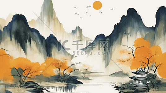 黄色中国风山水风景插画8