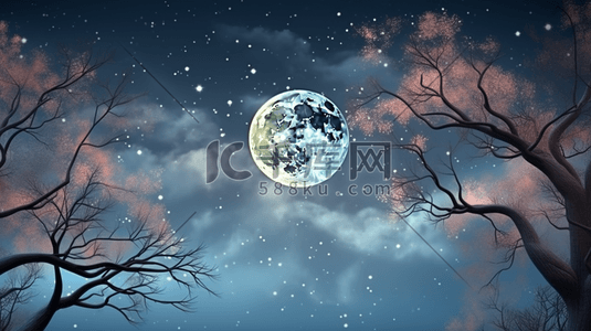 中秋节的夜空插画图片_森林中的圆月星空中秋节插画18