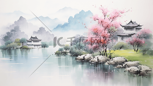中国风古典唯美山水风景插画2
