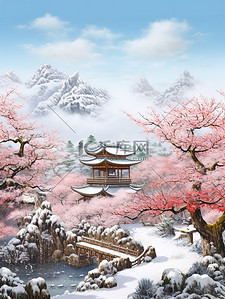 雪景红墙插画图片_中国古建筑红墙青瓦雪景12
