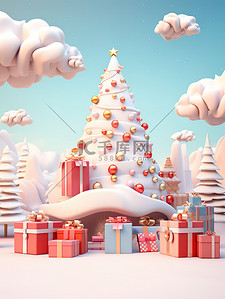 雪花装饰插画图片_圣诞树雪和礼物节日装饰1
