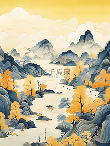 黄色中国风山水风景插画29
