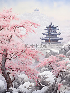 雪景红墙插画图片_中国古建筑红墙青瓦雪景11