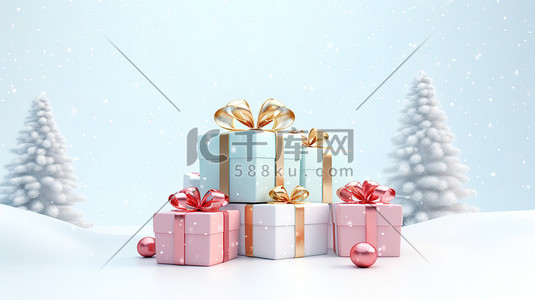 圣诞盒礼物插画图片_冬天圣诞雪地的礼物盒5