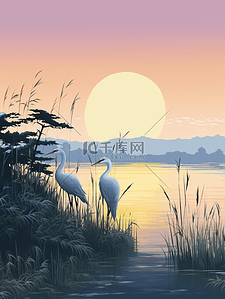 扁平晚霞插画图片_落日余晖映衬下的芦苇荡风景插画22