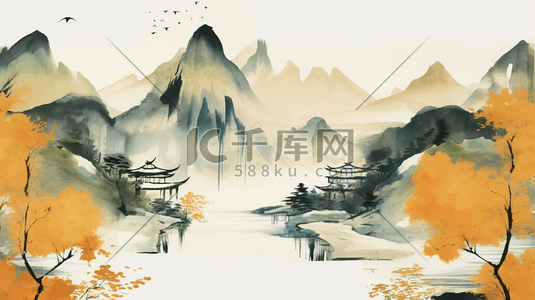 中国风橘色插画图片_黄色中国风山水风景插画15