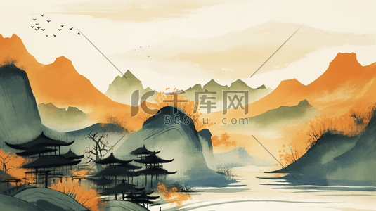 中国风橘色插画图片_黄色中国风山水风景插画2