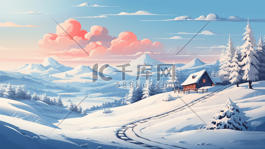 冬日田野里的雪景插画3