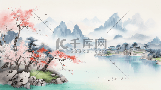 中国风古典唯美山水风景插画3