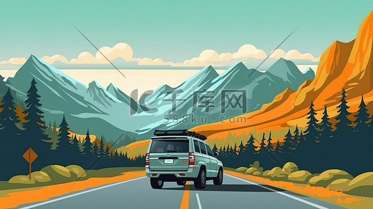 suv车插画图片_家庭SUV在穿越自然风景自驾旅行4