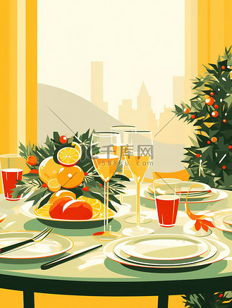 节日晚餐圣诞节大餐插画16