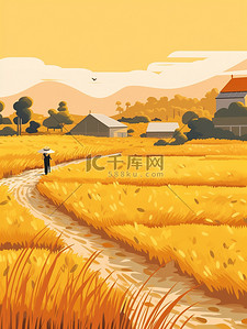 丰收的稻田插画图片_谷穗丰饶的稻田秋收9