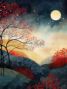 自然色插画图片_秋天自然风景插画琥珀色和鲜红色19