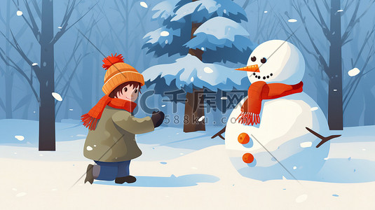 玩1插画图片_冬天孩子们在堆雪人1