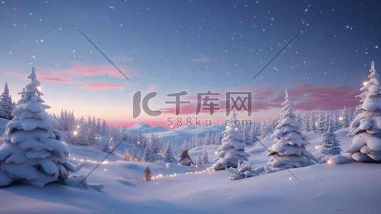 冬天雪山森林木屋圣诞节装饰插画16
