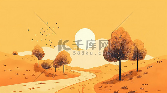 高山湖水风景壁纸插画图片_秋天淡黄色风景壁纸插画20